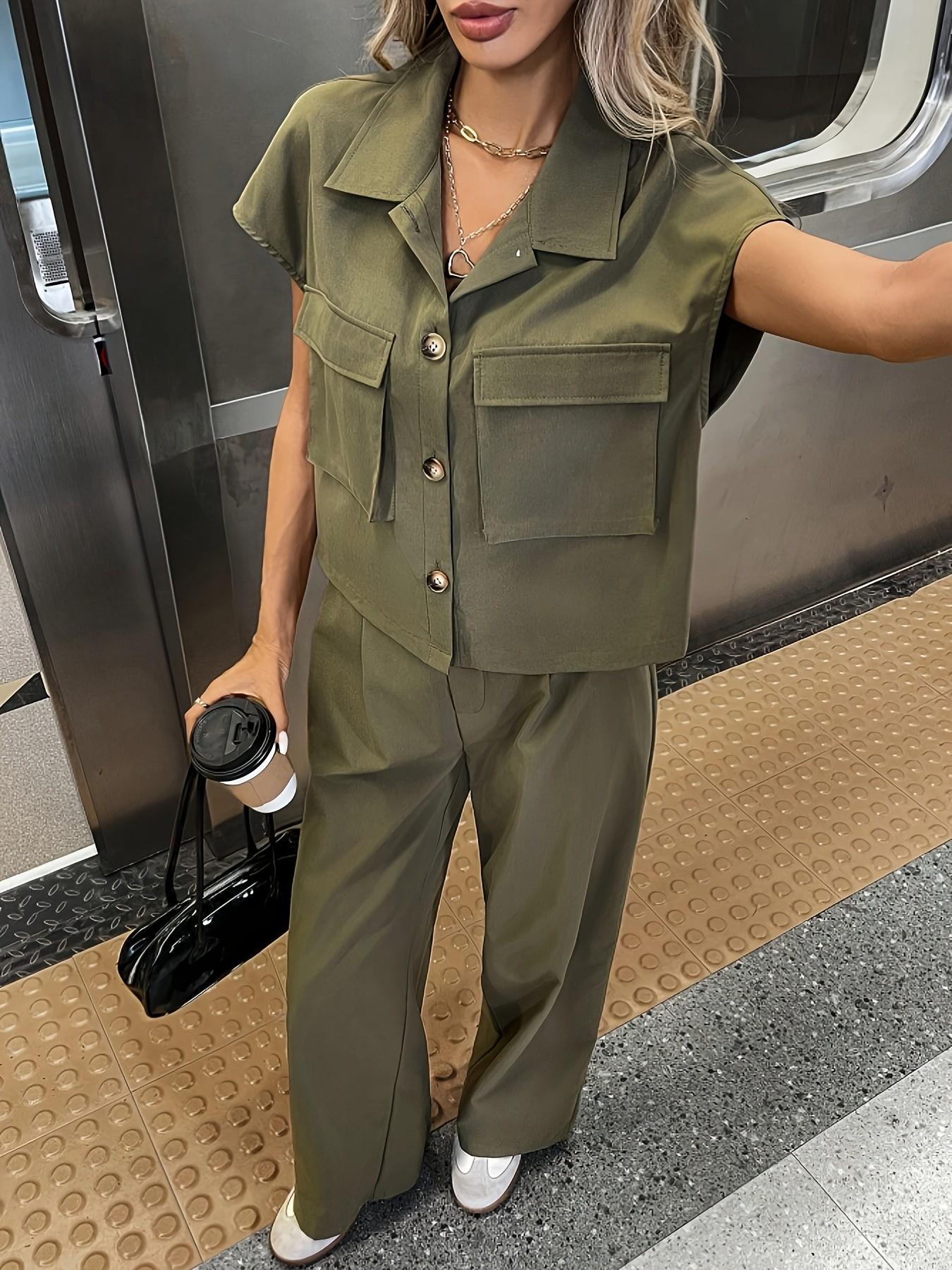 Women's Workwear Shirt & Long Pants Set, Outfit, Spring Summer New Arrival, Commuter Casual, Two-Piece Ensemble for Daily Wear