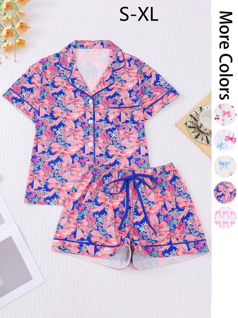 Women's All Over Print Pocket Crop Top & Shorts Pyjama Two-piece Set, Casual Comfy Short Sleeve Collared Top & Shorts PJ Set, Ladies Summer Sleepwear, Loungewear, Pajama Set
