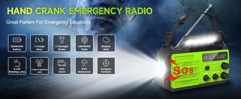 2000mAh Solar Hand Crank Weather Emergency radio Radio, AM/FM/NOAA, Flashlight & SOS Alarm for Hurricane Preparedness & Outdoor Emergencies winter storm