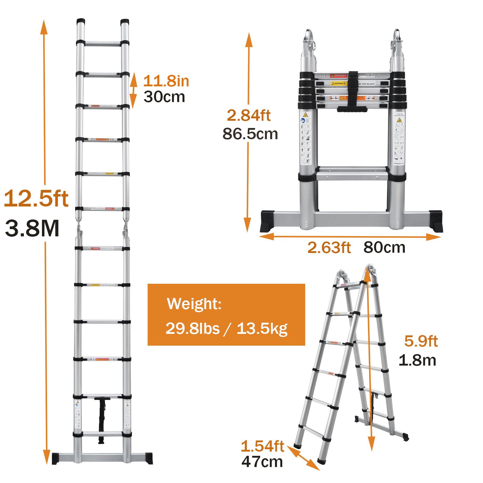 Telescoping Ladder Aluminum A-frame Extension Ladder, Folding Ladder with Stabilizer Bar and Anti-Slip Feet, 330lbs Max Load Capacity, for Home, Office ( 6.2+6.2FT / 8.2+8.2FT )
