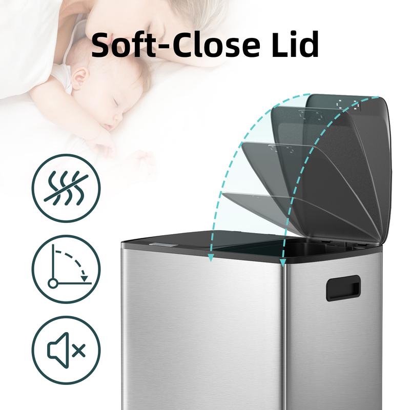 KSSKSS 2x8 Gallon Kitchen Dual Trash Can - 16 Gallon (60L) Stainless Steel Multi-Compartment Garbage Recycle Bins, Step Pedal, Plastic Inner Buckets, soft-close lid , Silver, Includes 40 Trash Bags, for business home office