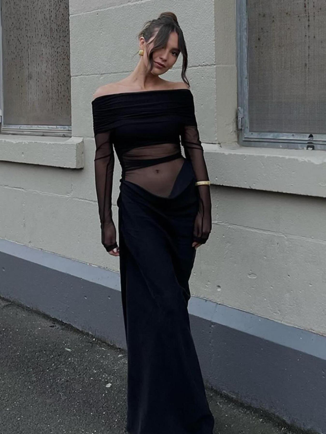 Women's Plain Off Shoulder Ruched Sheer Mesh Dress, 2025 Elegant Long Sleeve Long Dress for Party Banquet, Ladies Summer Clothes