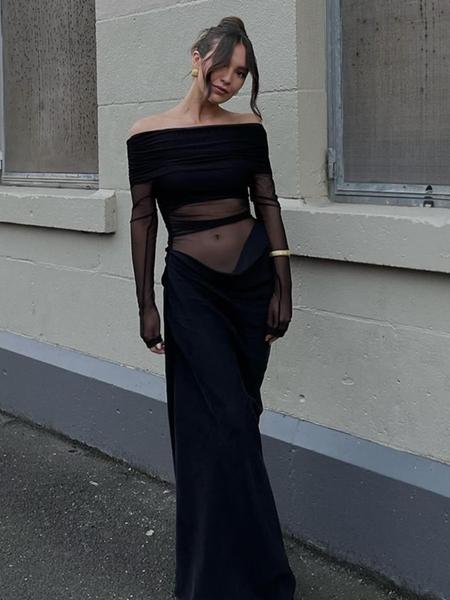 Women's Plain Off Shoulder Ruched Sheer Mesh Dress, 2025 Elegant Long Sleeve Long Dress for Party Banquet, Ladies Summer Clothes