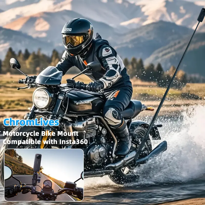 2026 New Motorcycle Mount Kit Holder, Suitable for Insta360 One X5 X4 X3 X2 RS DJI OSMO Gopro, Robust Motorcycle Clamp Mount, Extendable Panoramic Stick, Non-Slip CNC Base, Ideal for Cycling Videos, Umbrella Clamp