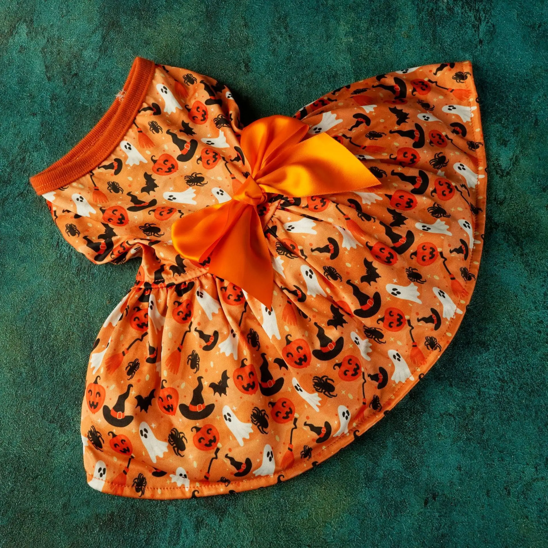 Halloween Pumpkin Print Dog Dress with Bow - Comfortable And Breathable, Light Stretch Fit, All-Season Pet Apparel for Small to Medium Breeds