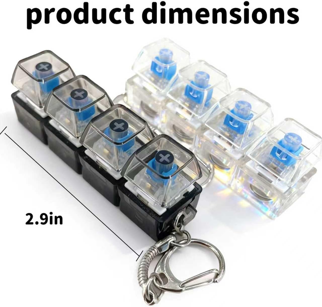 2 Pack Mechanical Keyboard Fidget Keychain with LED Lights - Transparent Click Button for Stress & Anxiety Relief. Portable Finger Clicker Toy for Focus, ADHD, Restless Hands