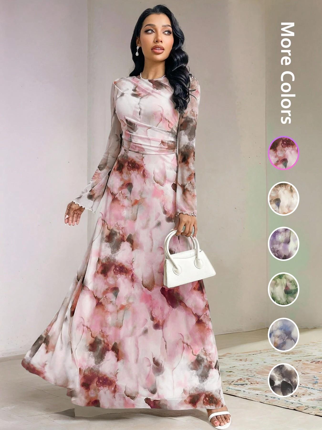 Elegant Women's Tie-Dye Print Long Sleeve Round Neck Maxi Dress, Party Wear Formal Gown, Ladies Fashionable Chic Evening Dresses