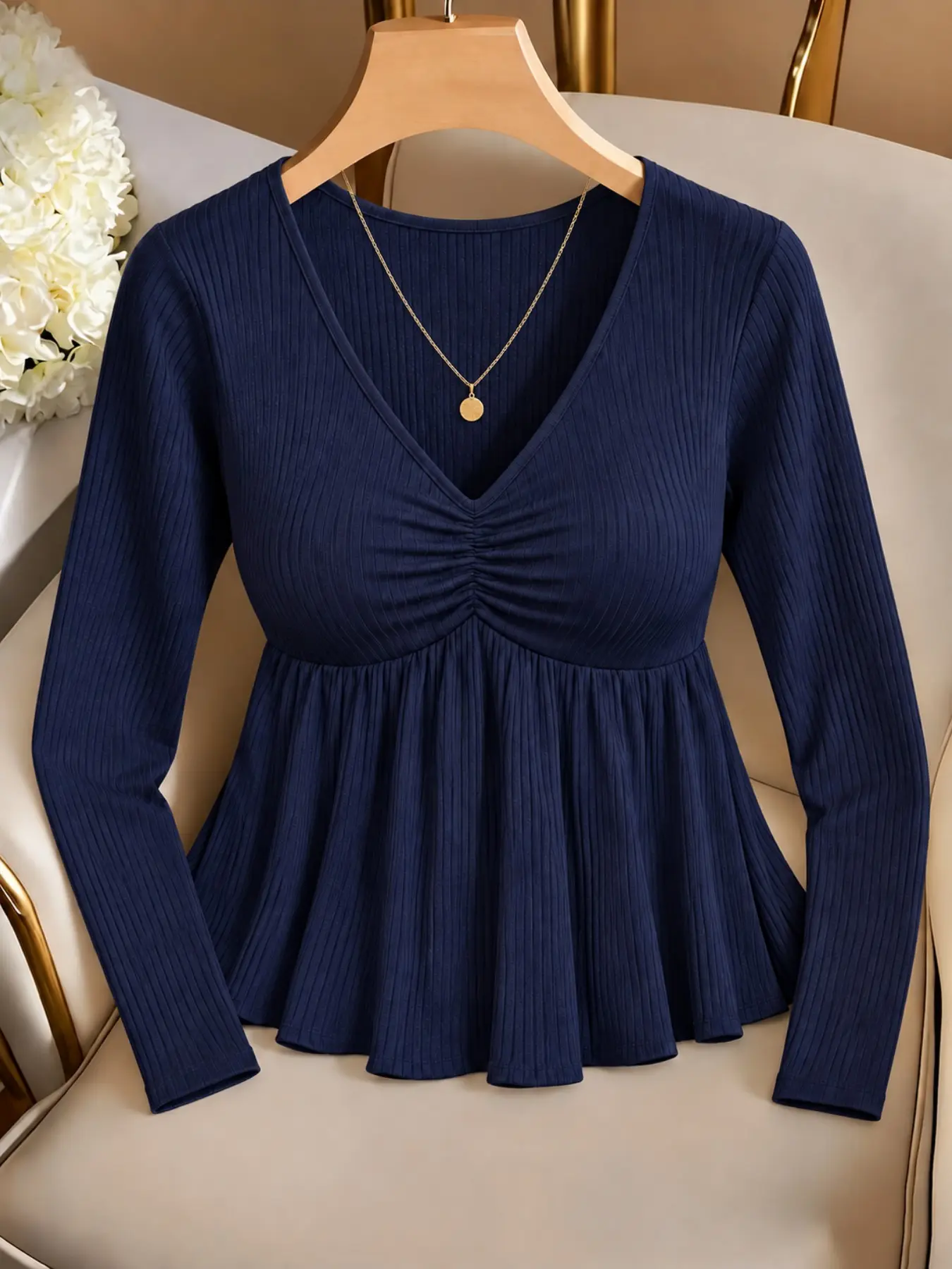 Plus Size Women's V Neck Ruffle Top, Long Sleeve Pleated Ribbed Shirt, High Waist Flowy Doll Dress, Casual Four-Season Long Top