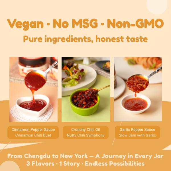 Flavors by Phoebe,chili paste,Signature Sauce Collection,Garlic Pepper, Cinnamon Pepper,Crunchy Chili Oil (Vegan, No MSG) Mild Umami Dip