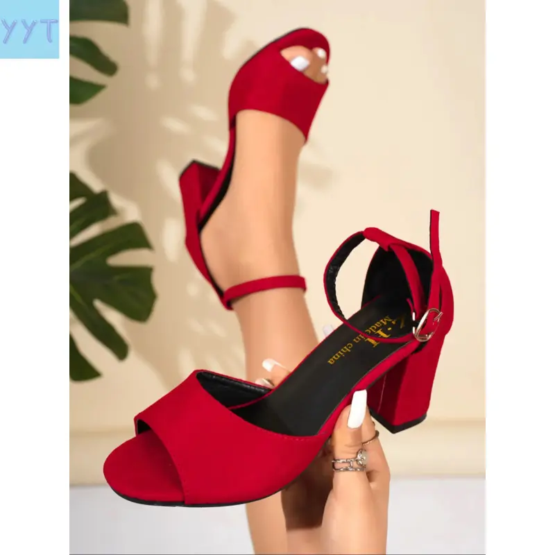 YYT1 Women's Sexy Plain Open Toe Chunky Heel Sandals, Adjustable Metal Buckle Strap, Sturdy Thick Sole, Comfortable Fashion Shoes for Weddings, Parties