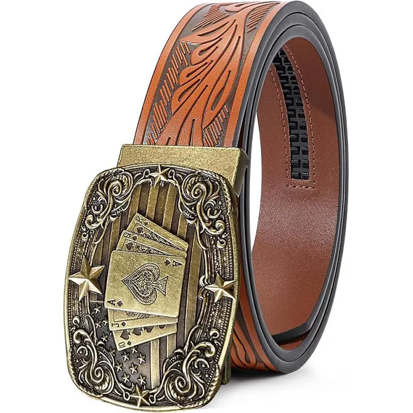 BELTROAD Band-Shaped Men's Cowboy Cowgirl Belt - 0.25in Embossed Soft Leather, 1-Hand Adjust Ratchet Belt Buckle, Holeless Fit for Jeans, Western Stuff Fashion Accessory, Gift for Him,sohochic