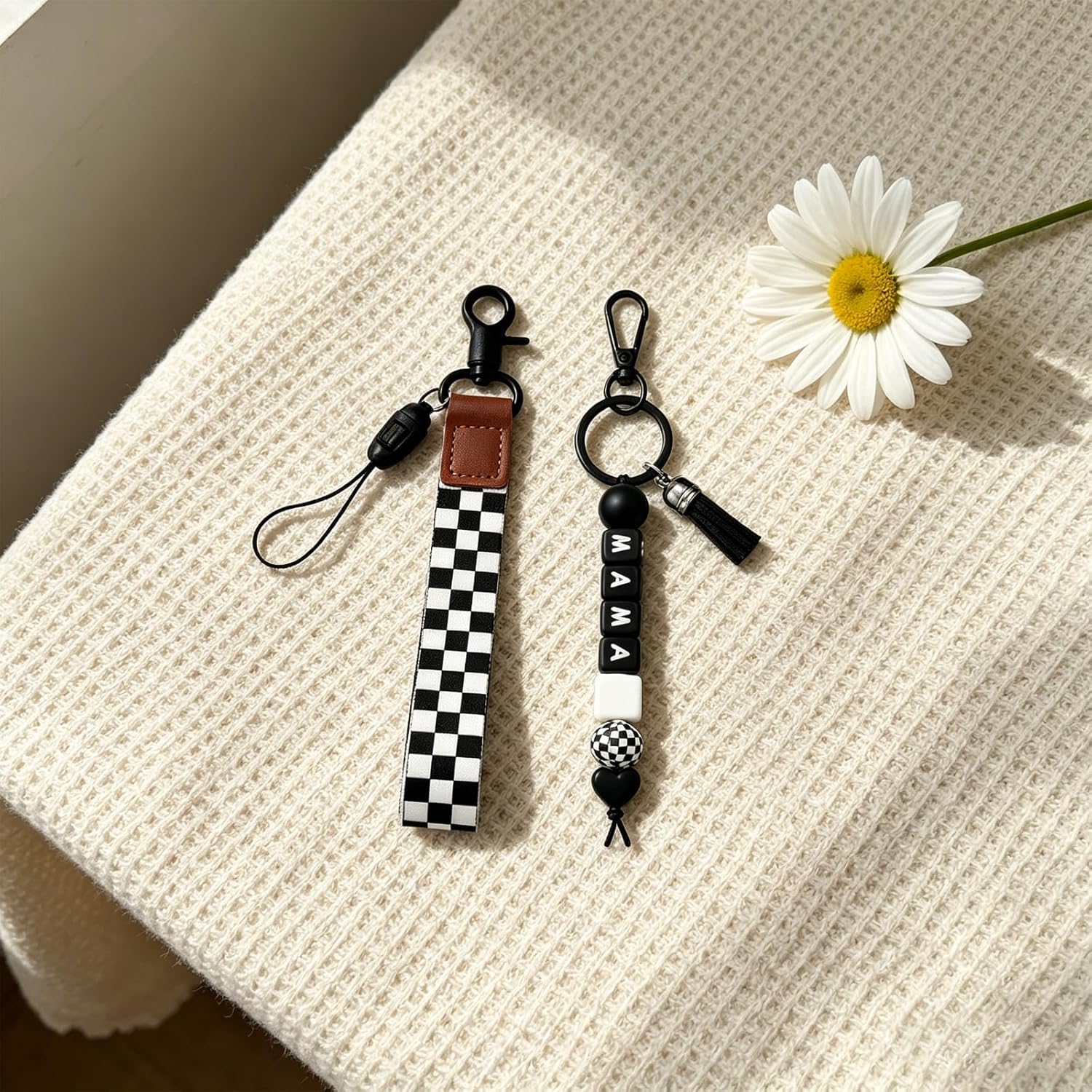 Black Checkered Mama Keychain, Wristlet Lanyard with Silicone Beads for Car Keys, Purse Charms, Backpack Accessories, Daily Carry, Mom Gifts and Fashion Key Holder