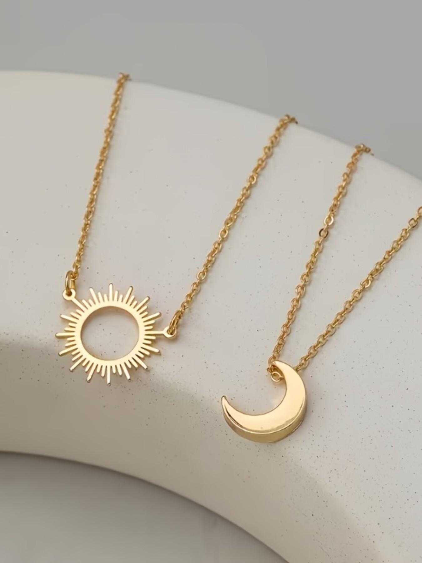 2 vintage Bohemian style sun and moon pendant necklaces, women's 18K gold plated stainless steel double-layer layered necklace, perfect for summer and beach vacation decoration