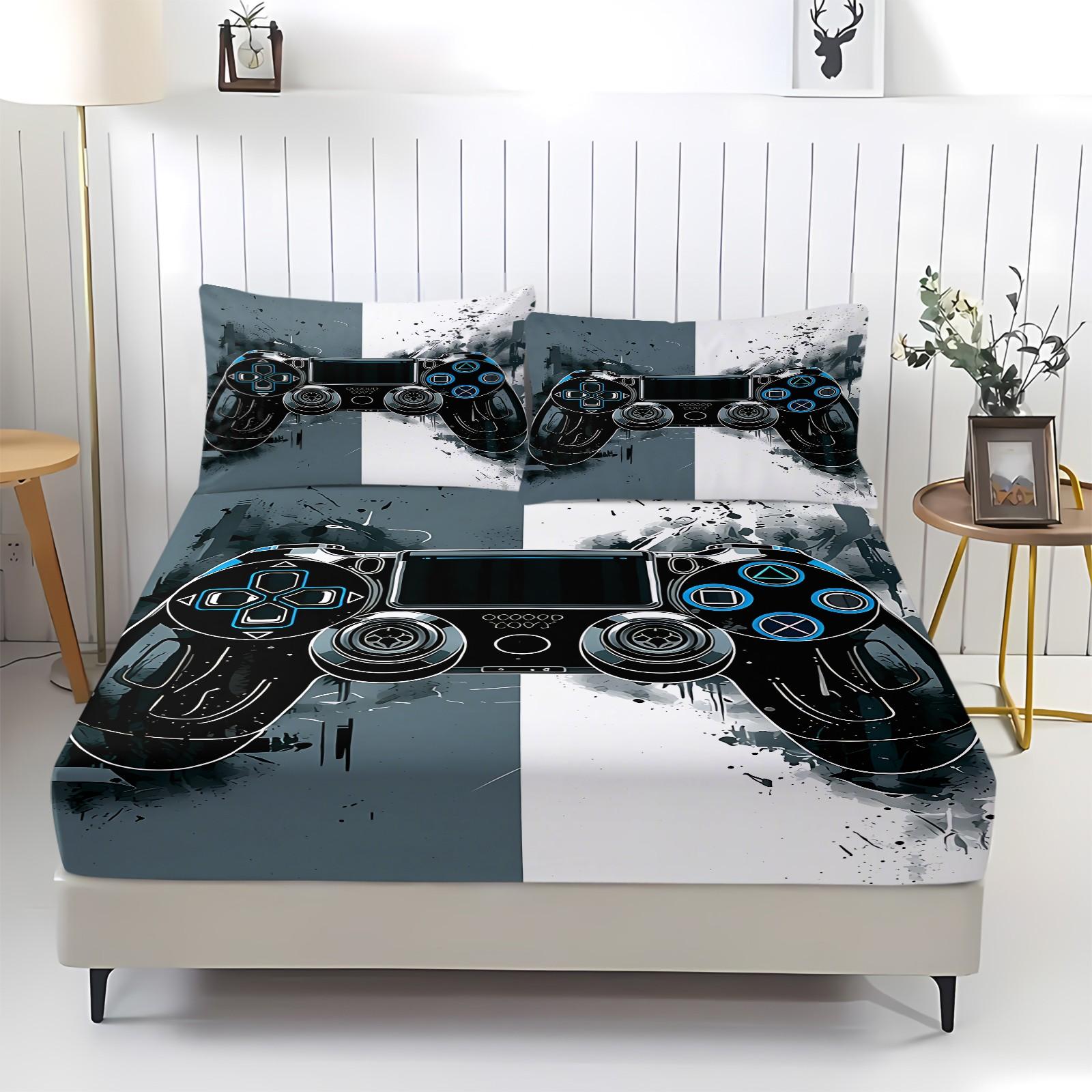 3pcs Gaming Controller Fitted Sheet Set, Video Game Console Bed Sheet Set, Soft Microfiber Bedding Set (No Fillers), Cool Gamer Room Mattress Cover for Boys & Teens Bedroom