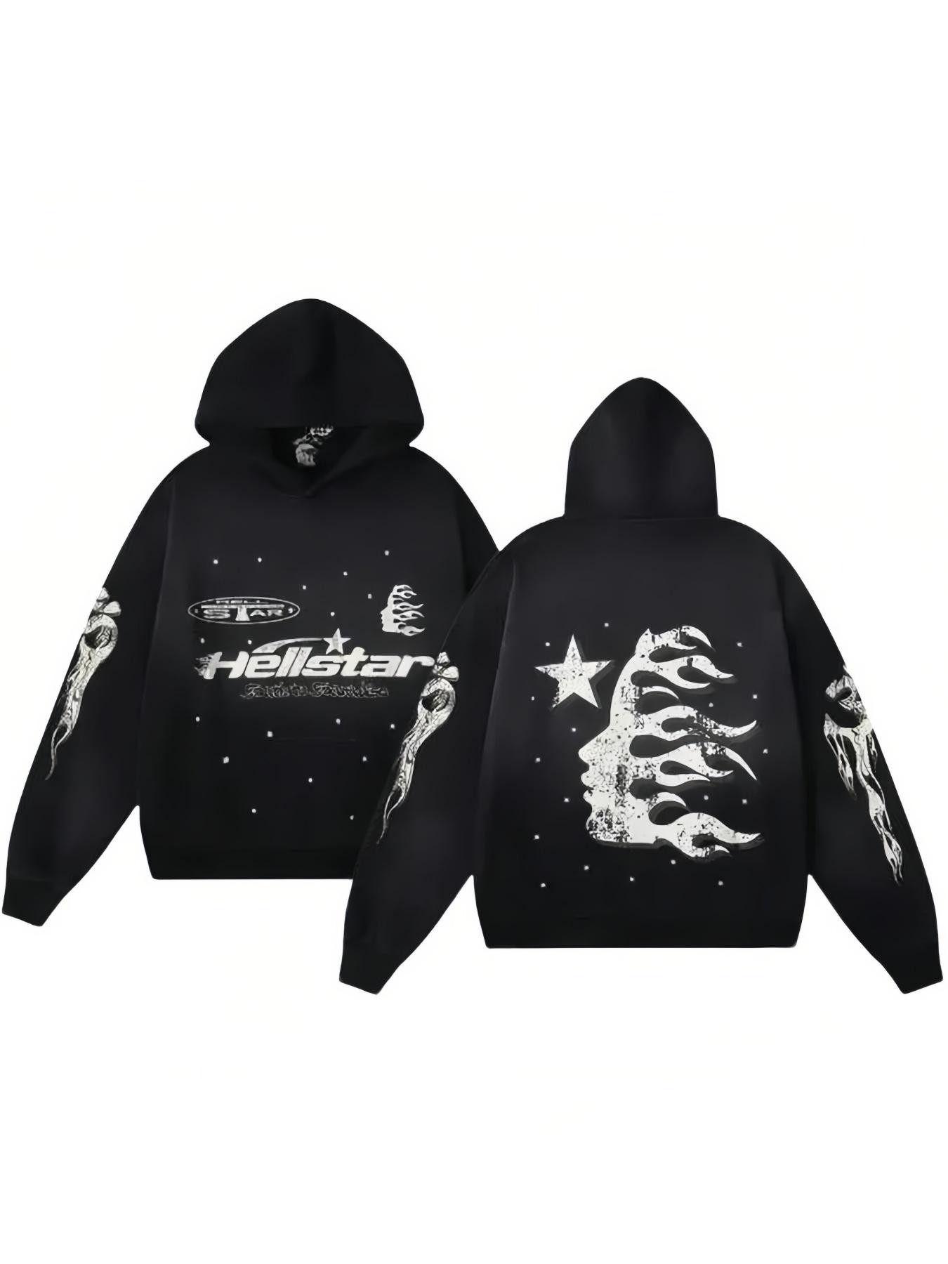 Hell Star Pattern Streetwear Loose Zip Hoodie, Unisex Casual Long Sleeve Sweatshirt, Sporty Warm Fit, Fall & Winter Fashion