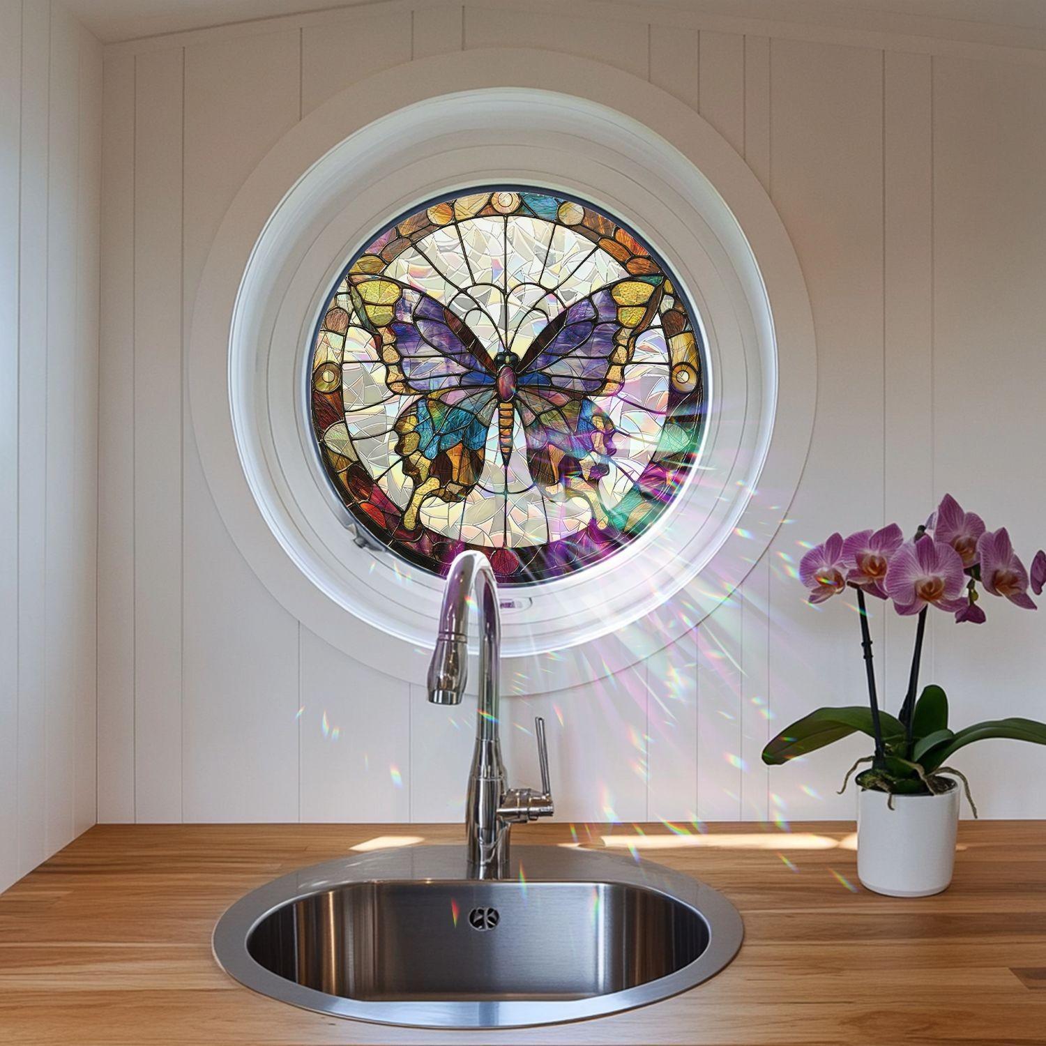 1pc Round Laser Butterfly Print Window Sticker, Adhesive-Free Removable Static Window Film for Kitchen Balcony Attic Glass Decoration