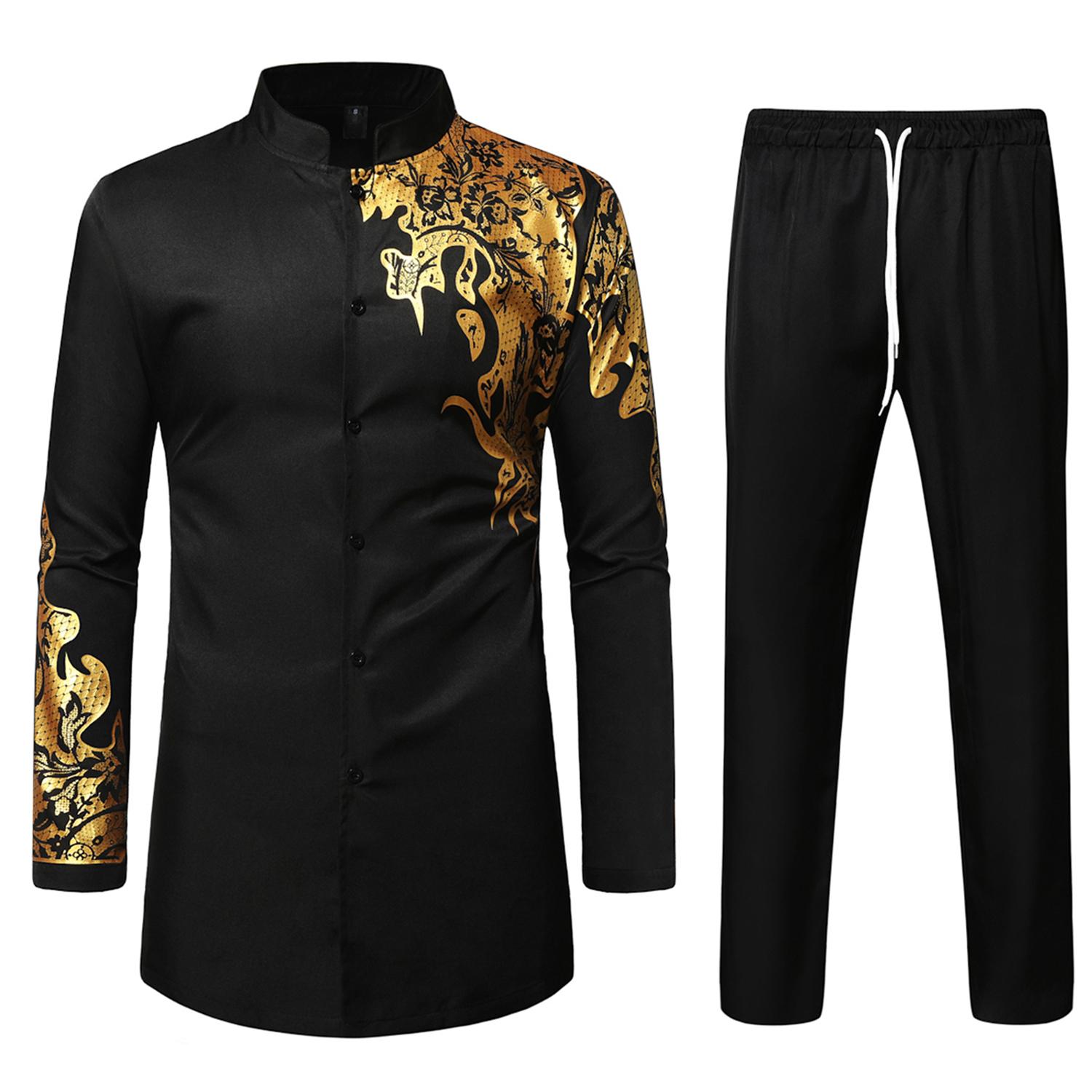 ZEROYAA Men's Traditional Suit Long Sleeve Button up African Dashiki Shirt and Pants Ethnic 2 Piece Outfit Clothes Cotton sets for men clothing men's 2 piece set Cardigan Breathable