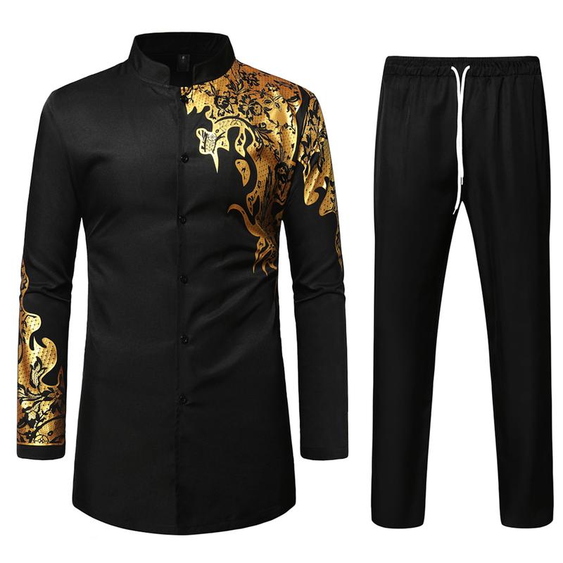 ZEROYAA Men's Traditional Suit Long Sleeve Button up African Dashiki Shirt and Pants Ethnic 2 Piece Outfit Clothes Cotton sets for men clothing men's 2 piece set Cardigan Breathable