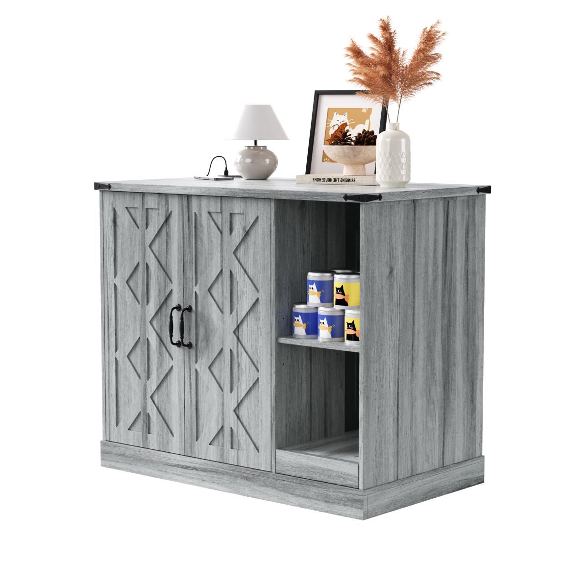 Cat Litter Box Cabinet with Power Outlet, Modern Litter Box Furniture for Large Automatic Litter Boxes, Hidden Litter Box Enclosure with Litter Catcher, Adjustable Storage Shelves, Gray