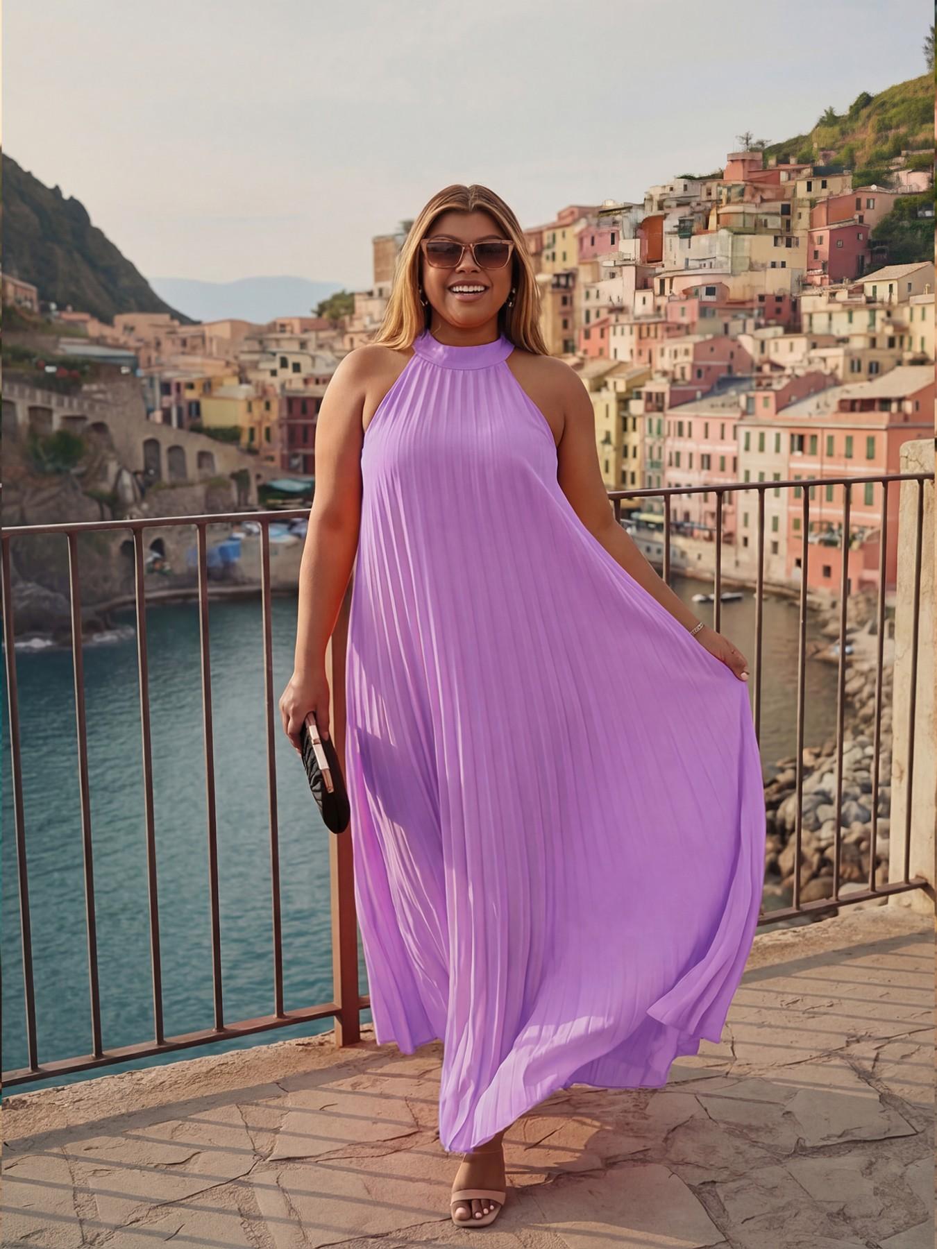 Women Plus Size Sleeveless Halter Neck Pleated Maxi Dress, Casual Loose Long Sundress for Party Vacation, Multi Color Options