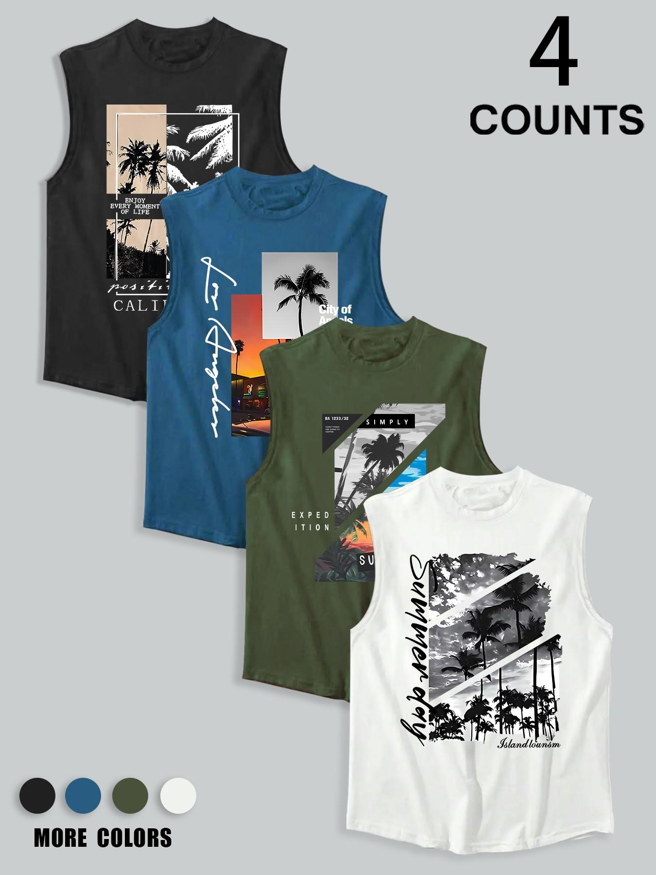 Men's 4-Pack Palm Tree & City Scene Graphic Sleeveless Tank Tops, Summer Vacation Casual Athletic Vests, Beach Streetwear #SummerStreetwear #PalmTreeTank #BeachWear #MensAthleticWear #TikTokMadeMeBuyIt