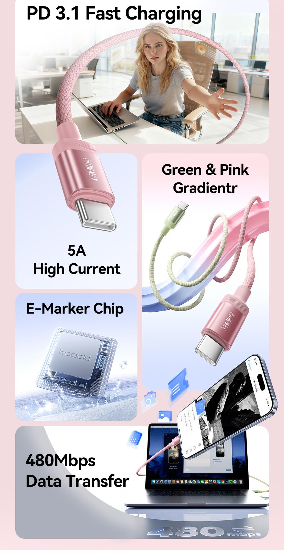Toocki 240W Colorful Gradient Type C to Type C Cable PD 3.1 QC4.0 Ultra-High Power USB C Cable For Xiaomi Samsung iPhone 17 16 15 MacBook Laptop Fast Charging Data Cord Toocki 240W Colorful Gradient Type C to Type C Cable PD 3.1 QC4.0 Ultra-High Power USB C Cable For Xiaomi Samsung iPhone 17 16 15 MacBook Laptop Fast Charging Data Cord