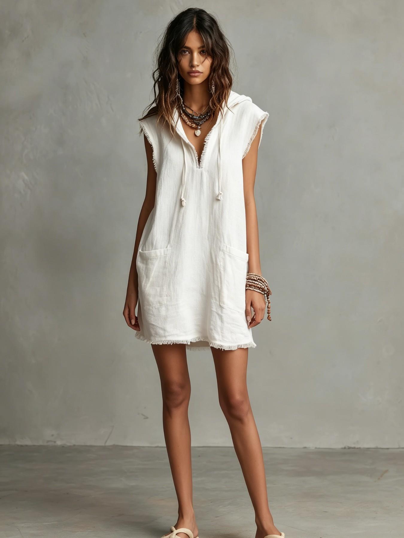 Minimalist Lightweight Linen Blend Sleeveless Dress with Hat, Summer V-Neck Frayed Edge Short Mini Dress, Women's Vacation