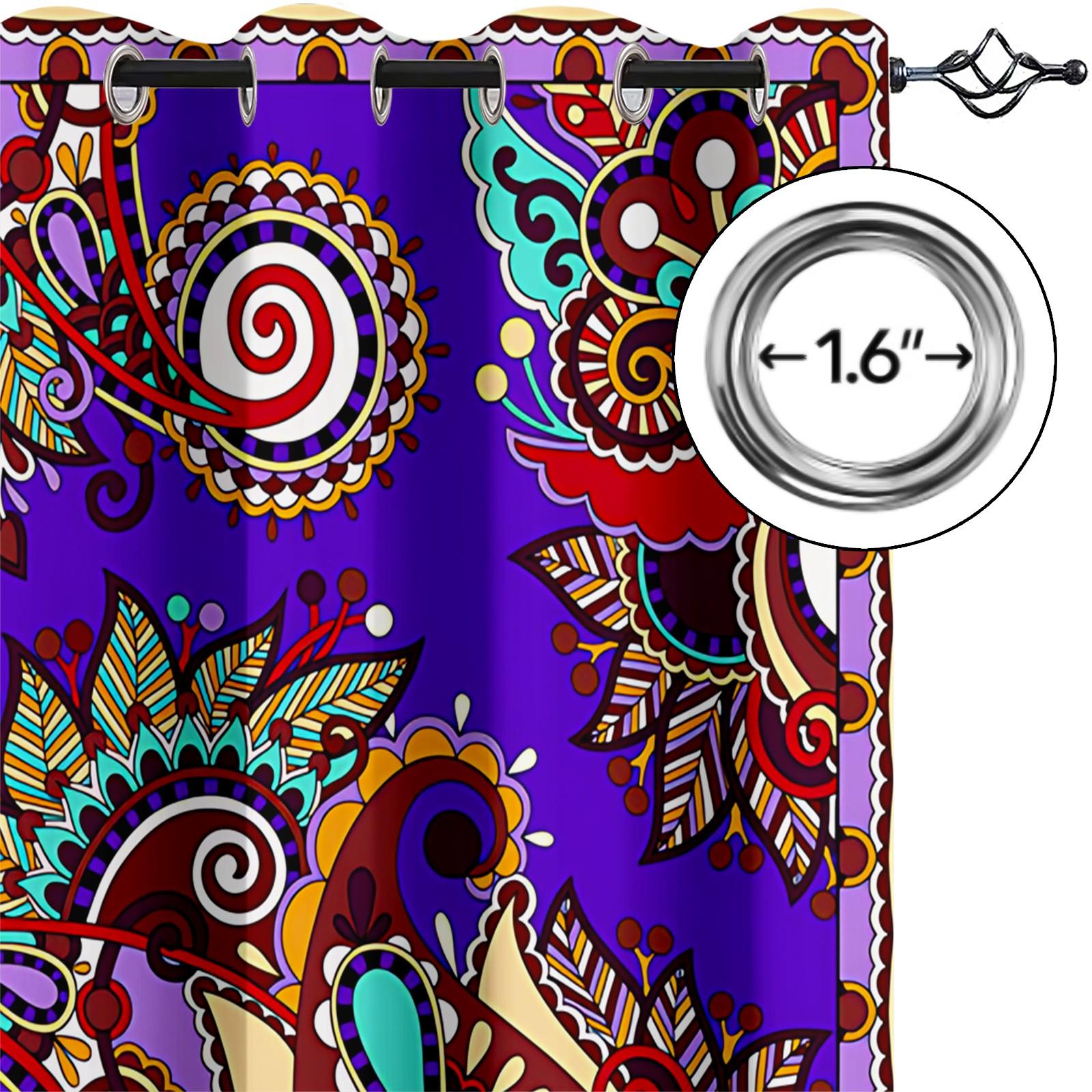 2 Panels Set Boho Paisley Digital Print Window Drapes, Vintage Ethnic Style Darkening Grommet Curtains, Thermal Insulated Privacy Blackout Drapes, Decorative Window Treatment for Living Room, Bedroom, Dorm, Home Office