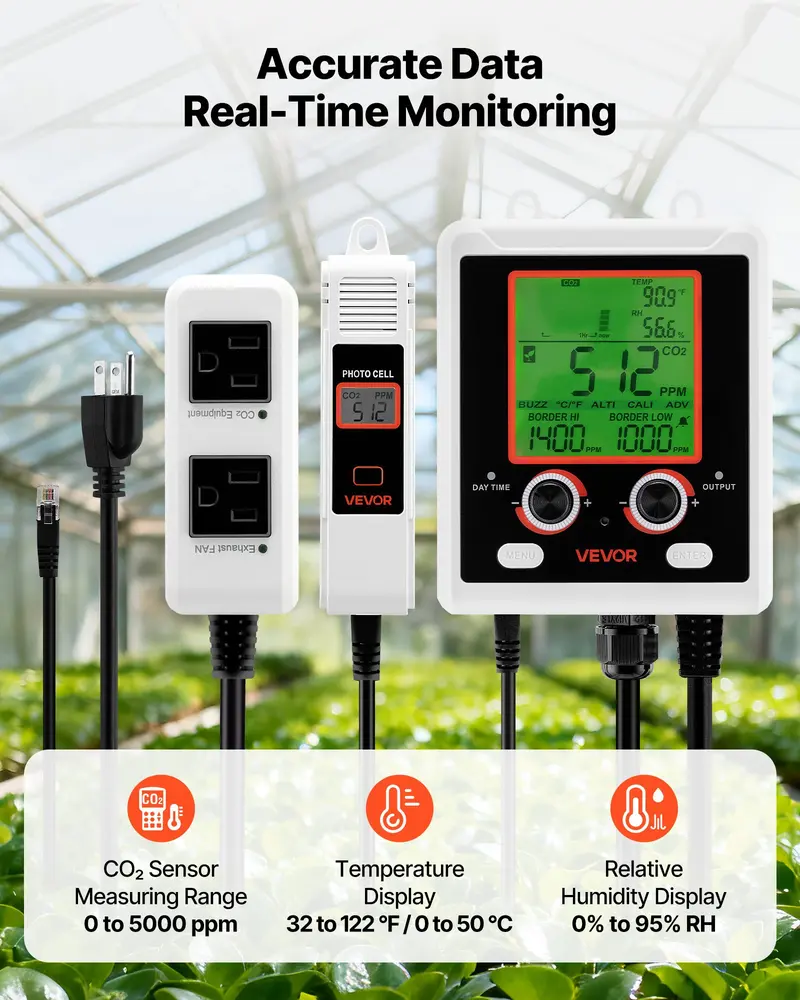 VEVOR Hanging Compact Digital CO2 Monitoring Controller with NDIR Sensor, LCD Display, 0-5000ppm Range, Dual Outlets, Day-Night Detection, Human Auto Sensing, Auto Ventilation, Accurate CO2 Tracking, 1.61 lbs, 32-122°F/0-50°C for Greenhouse VEVOR Hanging Compact Digital CO2 Monitoring Controller with NDIR Sensor, LCD Display, 0-5000ppm Range, Dual Outlets, Day-Night Detection, Human Auto Sensing, Auto Ventilation, Accurate CO2 Tracking, 1.61 lbs, 32-122°F/0-50°C for Greenhouse