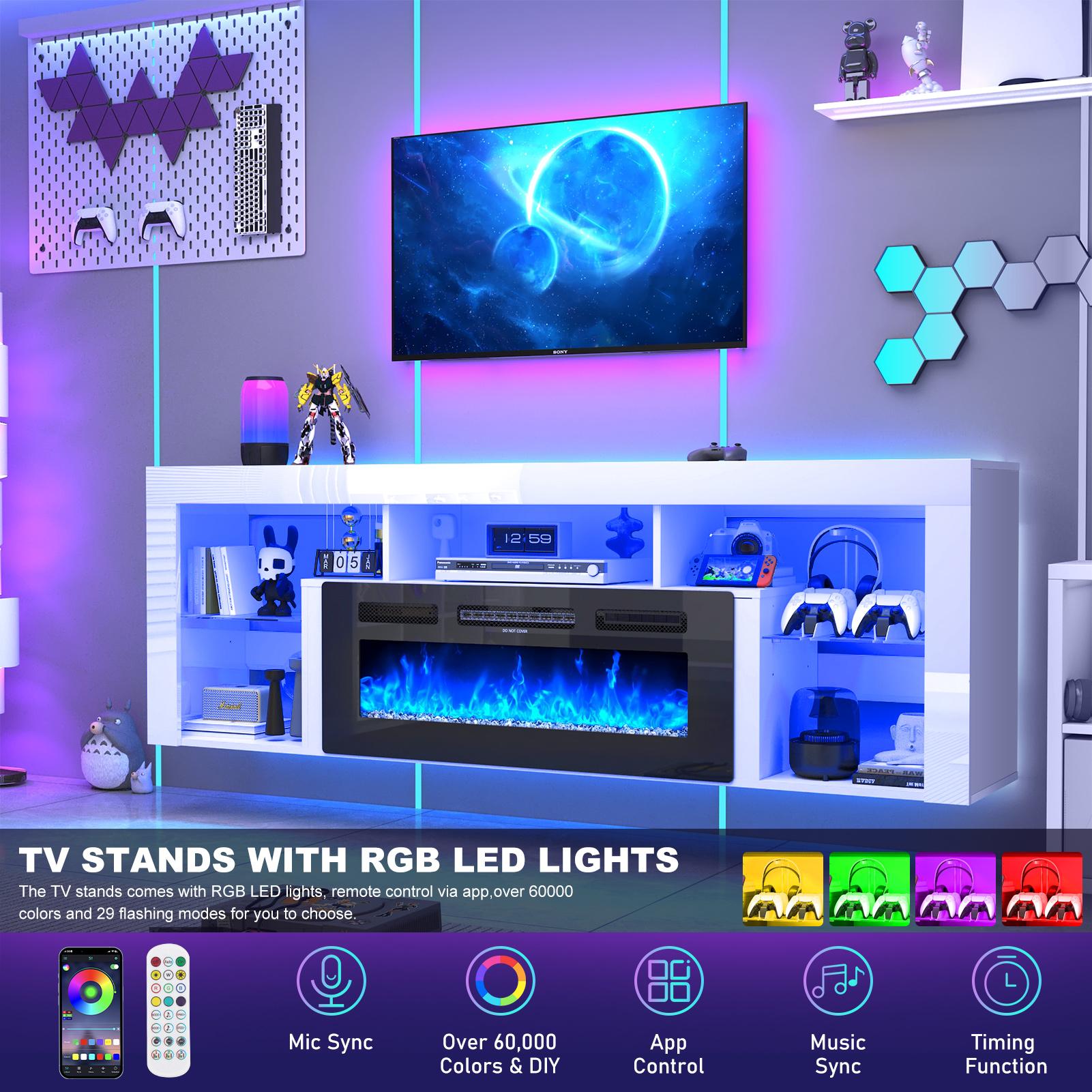 【2Packages Shipping】71" Floating Fireplace TV Stand for up to 85" TVs, Modern High Gloss Entertainment Center w/40 Electric Fireplace, Charging Station&LED Lights, Fireplace TV Media Console w/Storage, Black/white