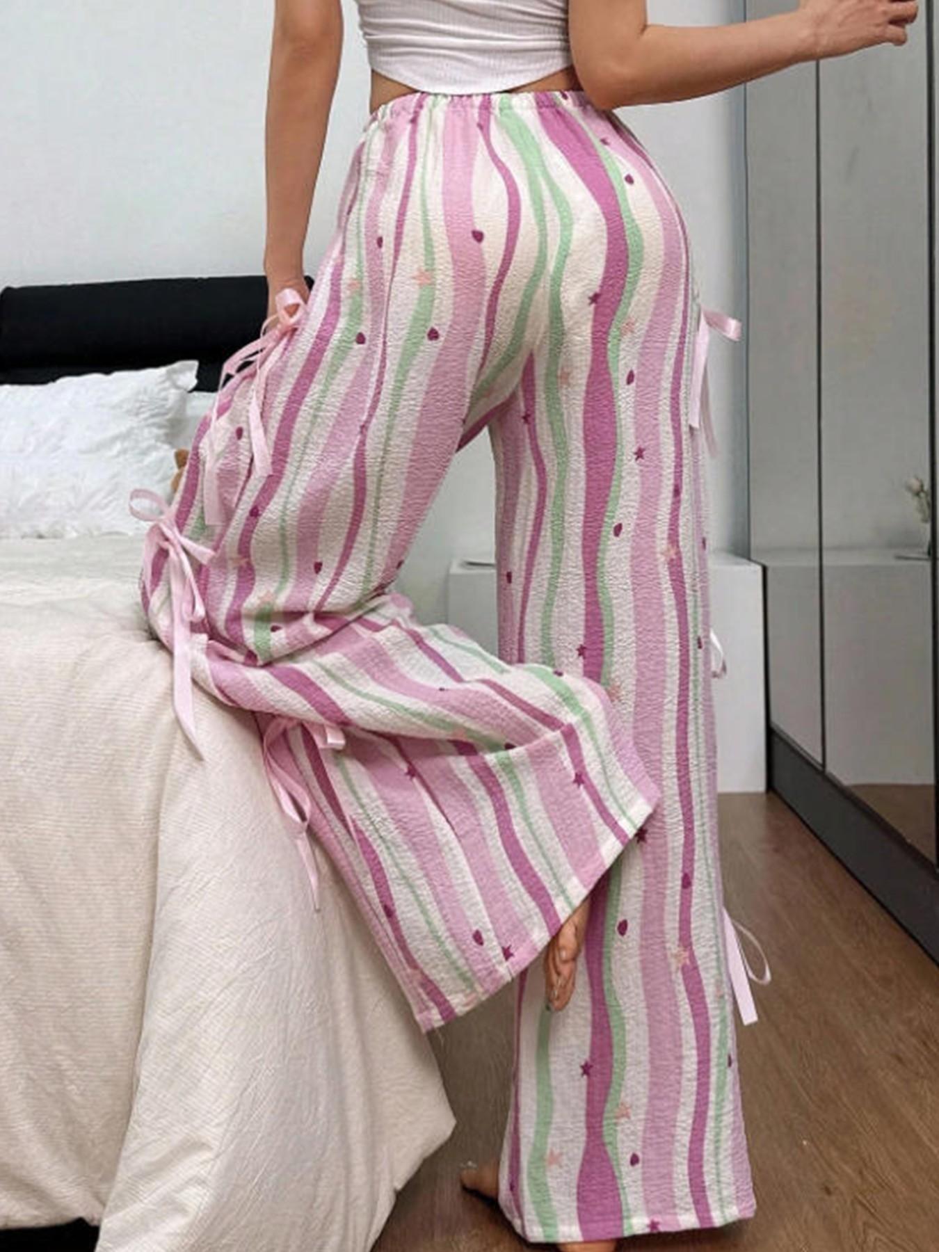 Women's Multicolor Striped Plaid Wide Leg Pants, Side Bow Tie Long Pants, Sweet Heart Star Print Casual Trousers, Bottoms