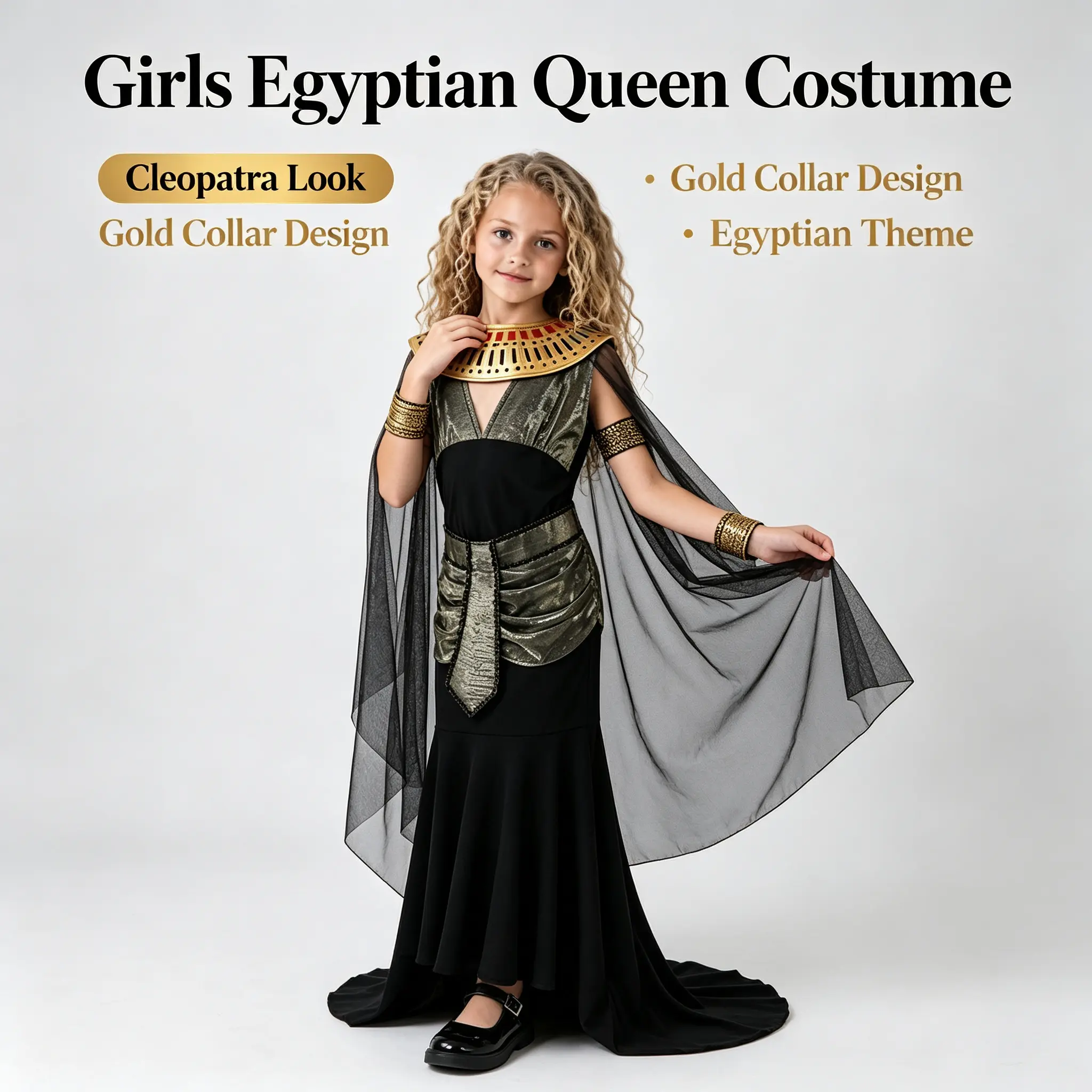 Girls Egyptian Queen Costume | Cleopatra Style Black Gold Dress for Halloween