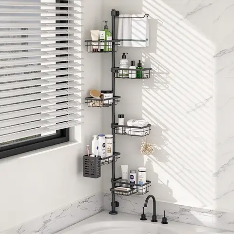 FEELSO Bathroom Caddy Set, Durable 6 Baskets Corner Shelf with 30-120in Adjustable Rack, Extra Towel Bar, Drainage Soap Dish, Lock-Joint Toothbrush Holder for Efficient Storage in Bathrooms, RVs