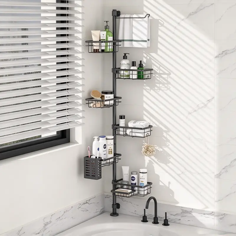 FEELSO Bathroom Caddy Set, Durable 6 Baskets Corner Shelf with 30-120in Adjustable Rack, Extra Towel Bar, Drainage Soap Dish, Lock-Joint Toothbrush Holder for Efficient Storage in Bathrooms, RVs