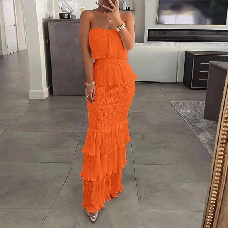 Strapless Bandeau Layered Ruffle Dress for Women, Shirred Sleeveless Formal Sundress Ideal as Wedding Guest Dress