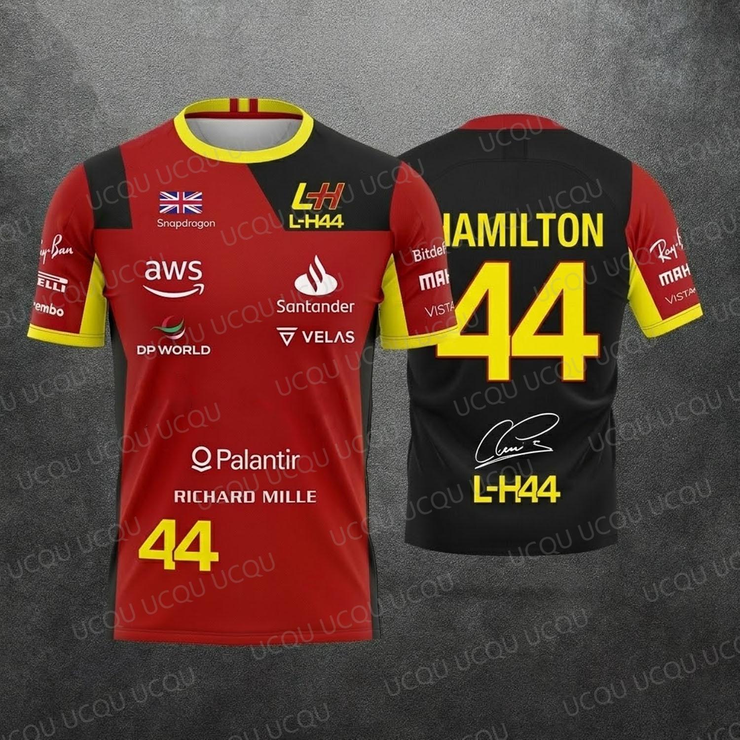 New Special Edition Hamilton Summer Unisex Motorsport Fans  44 Red Black Racing Team Uniform Jersey T-Shirt