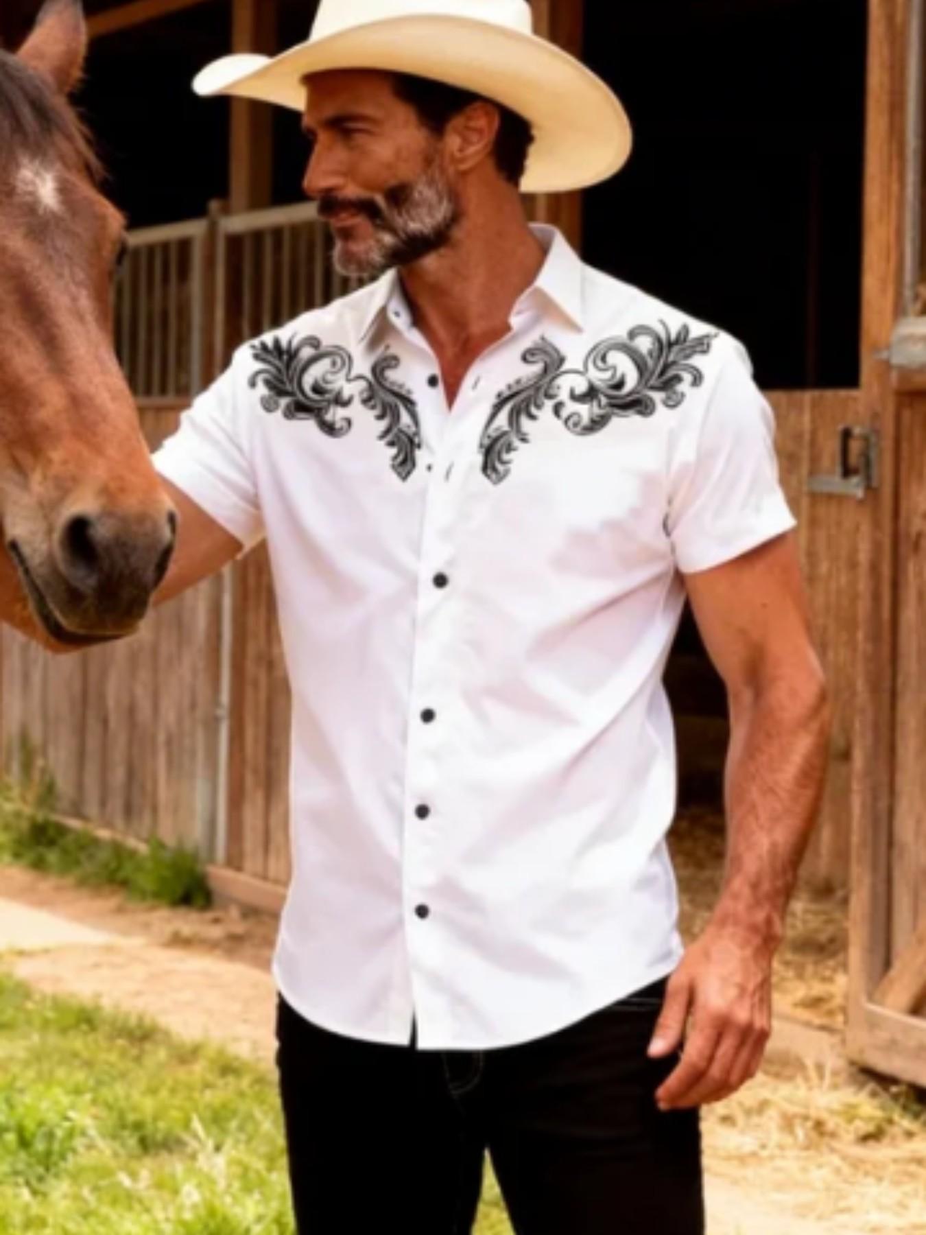 Men's Western Cowboy Style Print Short Sleeve Shirt, Vintage Scroll Pattern Notch Lapel Open Front, American Casual Riding Vacation Commute Top