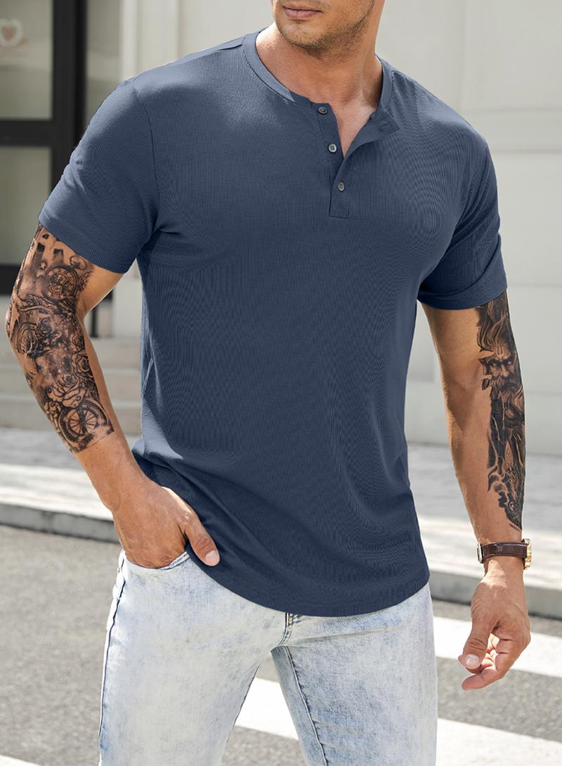 TUREFACE Men's Plain Muscle Slim Fitted Henley Shirts Crewneck Longline T-Shirt Gym Workout Athletic Shirt Tees with Button Menswear Casual Tops, Men's Classic Streetwear Clothing for Daily Wear, Fall Fashion Outfits 2025