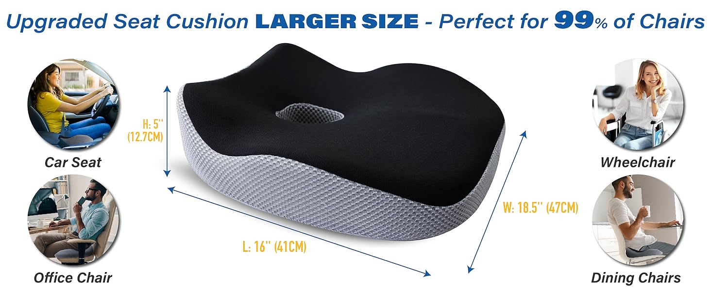 JOKG OKGCar Seat Cushion, Ergonomic Memory Foam Car Cushion for Sciatica Pain Relief, Larger Driving Seat Pillow for Short Drivers on Long Drives - Butt Pillow for Truck, Office, Wheelchair - Black&Gray