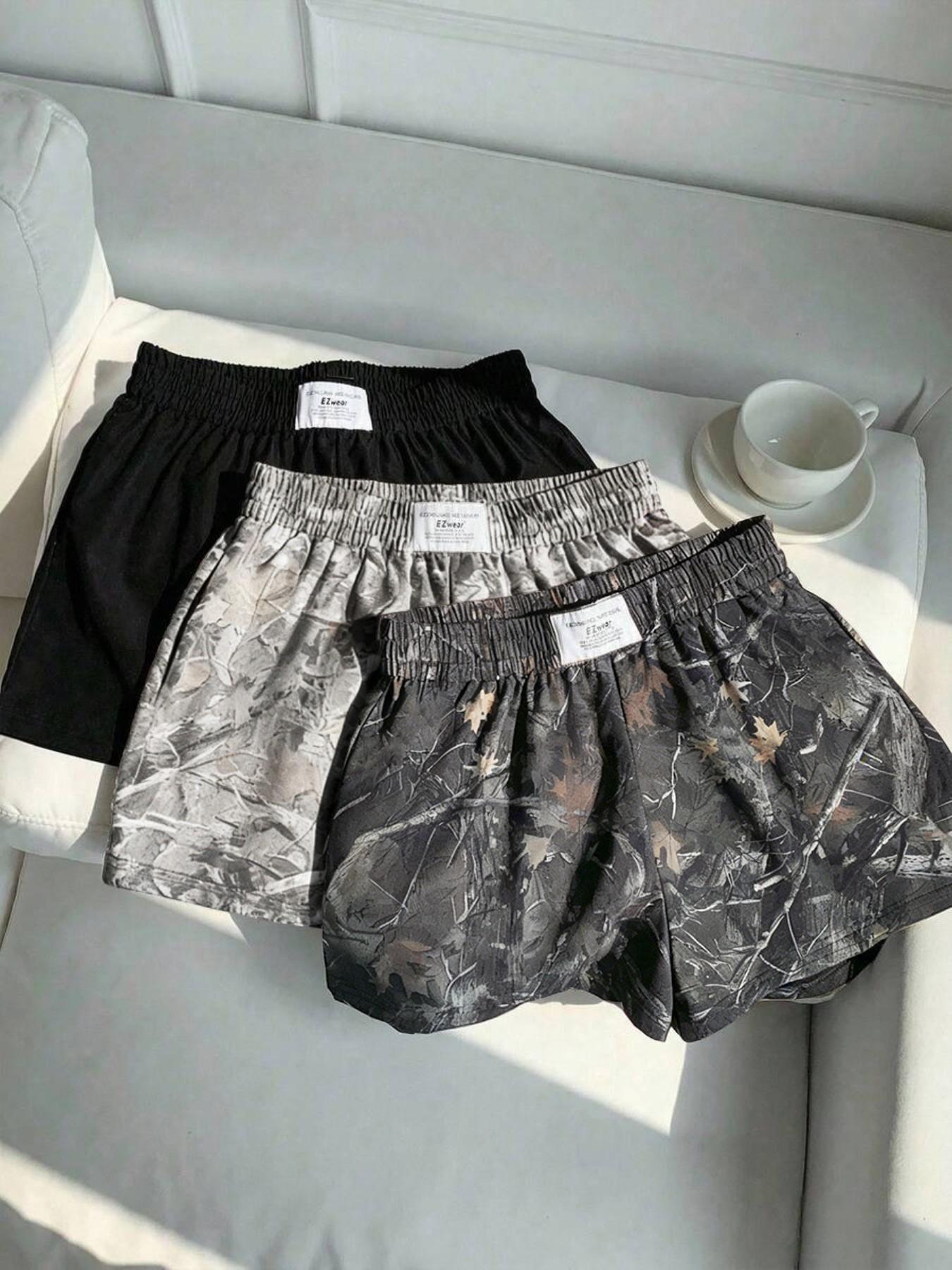 Women's Vintage Street Style Dried Branch Maple Leaf Camo Print and Solid Color Loose Sporty Shorts, Summer Casual Comfortable Daily Wear