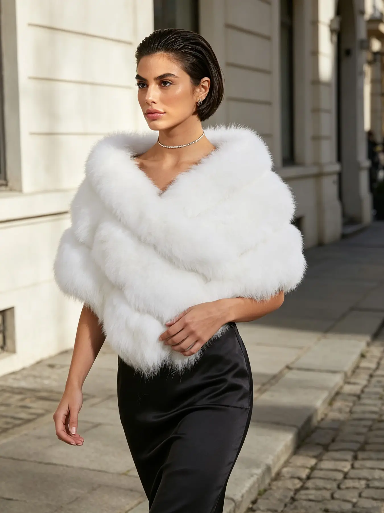 Women V‑Neck Fluffy White Faux Fur Shawl, Warm Casual Shoulder Wrap, Ideal Accessory for Wedding, Banquet & Daily Street Look