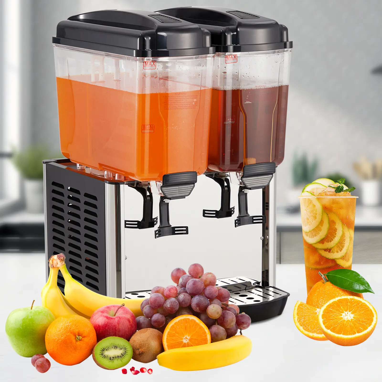 Commercial Cold Beverage Dispenser - 2 Large 9.5 Gal Stainless Steel Tanks - 300W Thermostat Control - Ideal for Juice, Iced Tea - Perfect for Restaurants, Parties