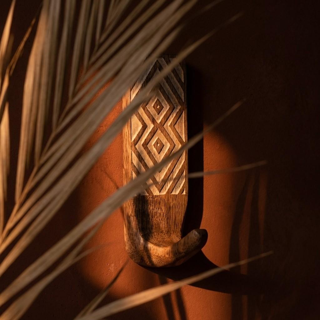 Boho Hand Carved Wooden Wall Hooks, 3 Pack Rustic Geometric Pattern, Wall Mounted Hooks for Coats, Bags, Towels, Keys