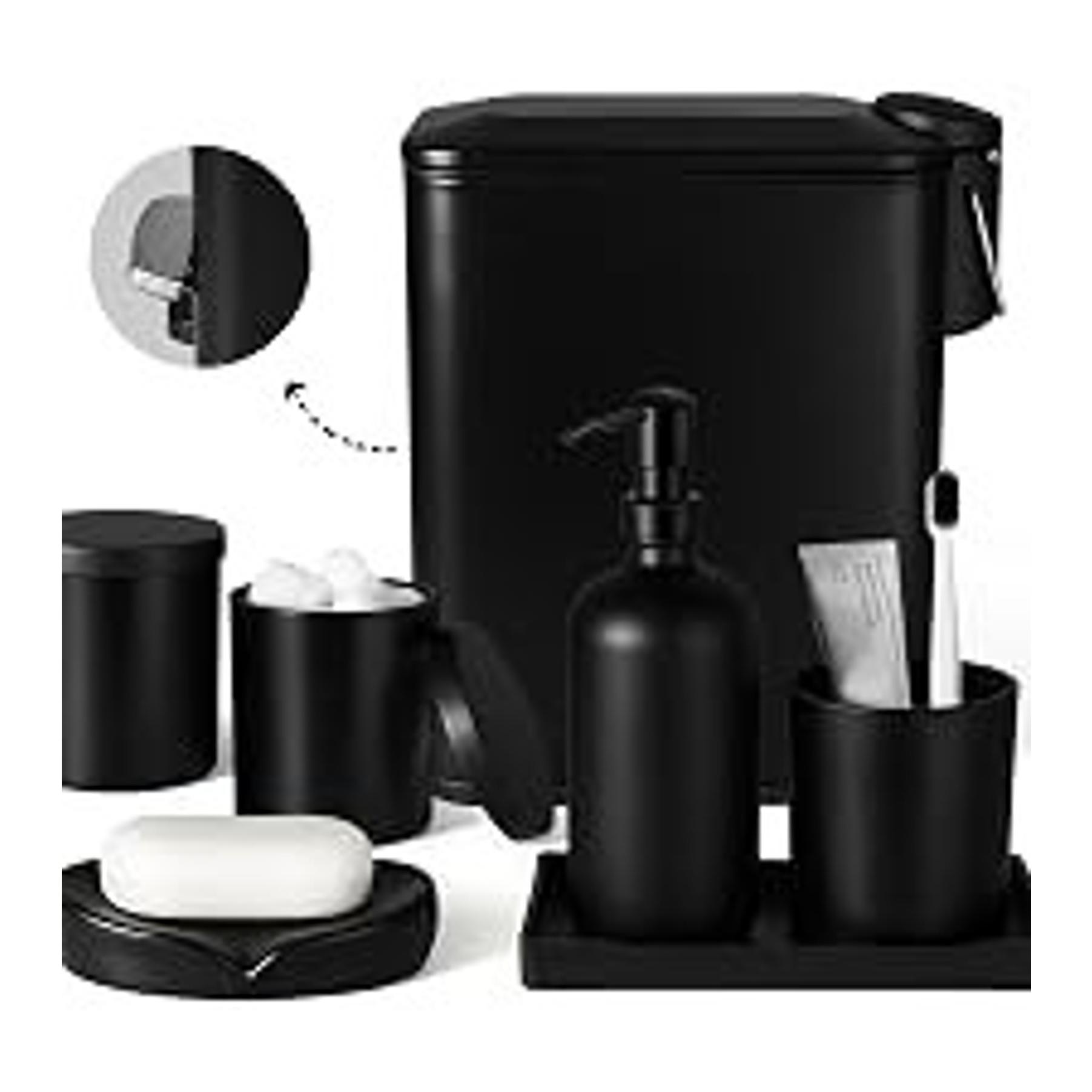 Matte Black 4-Pc Glass Bathroom Accessories Set - Stainless Steel Pump Soap Dispenser, Toothbrush Holder, Wipe-Clean Organiser, Qtip Holder for Modern Home Sink Decor
