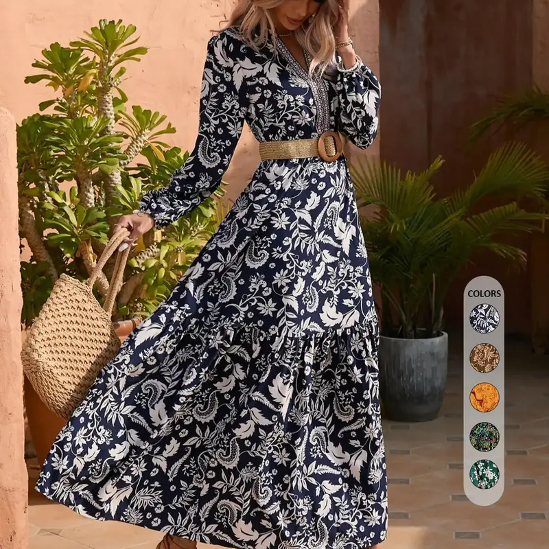 Women's Western Floral Embroidered Bishop Sleeves Long Dress, Boho Casual A-Line Vintage Maxi Dress, Fall Vacation Dress, Boho Style Dress