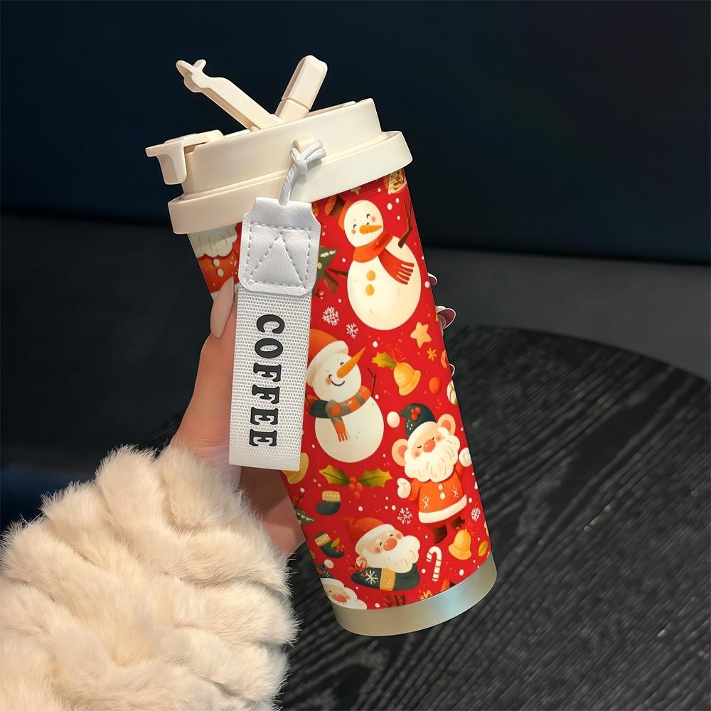 Festive Snowman Coffee Cup, 530ML Insulated Travel Mug with Straw and Lid, Leak-Proof, Suitable for Hot/cold Drinks, Perfect Gift