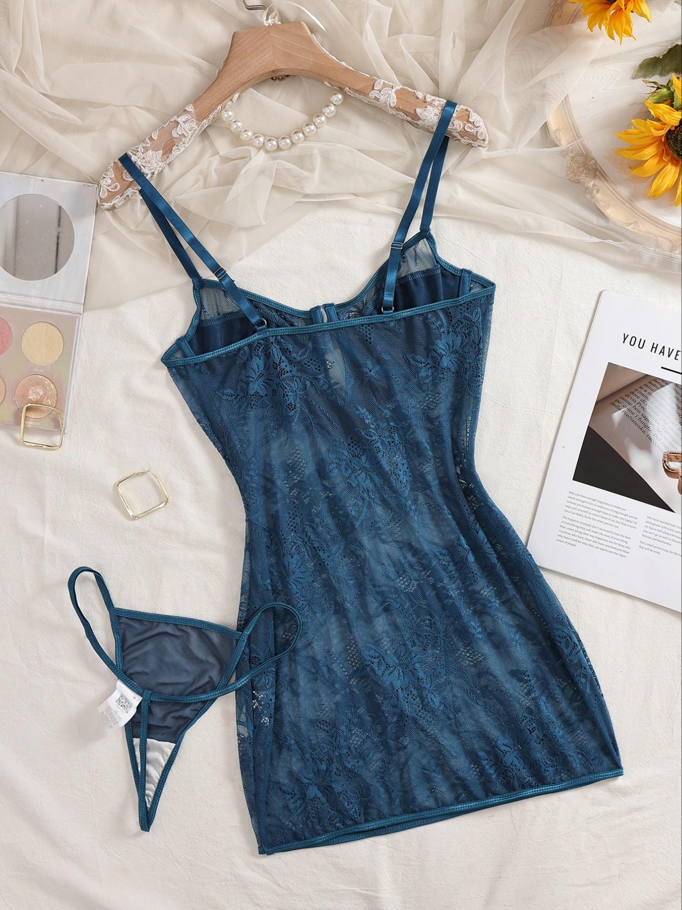 Luxurious Blue Lace 2-Piece Lingerie Set, Satin Slim Fit Strapless Nightgown with Bra Cups, Matching Thong, Elegant Sleepwear for Women