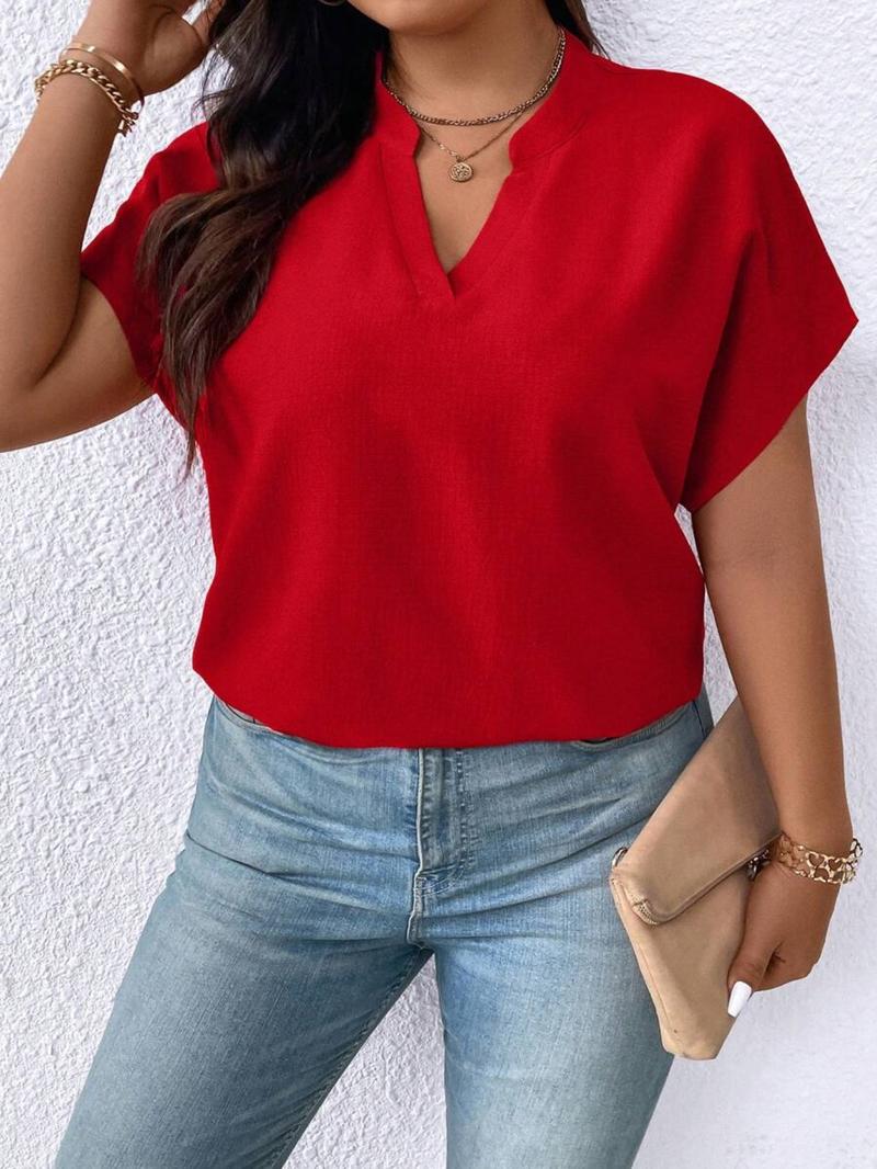 Plus Size Women's Solid Color V-Neck Batwing Sleeve Short Sleeve Casual Loose Fit Top, Comfortable and Stylish Everyday Wear