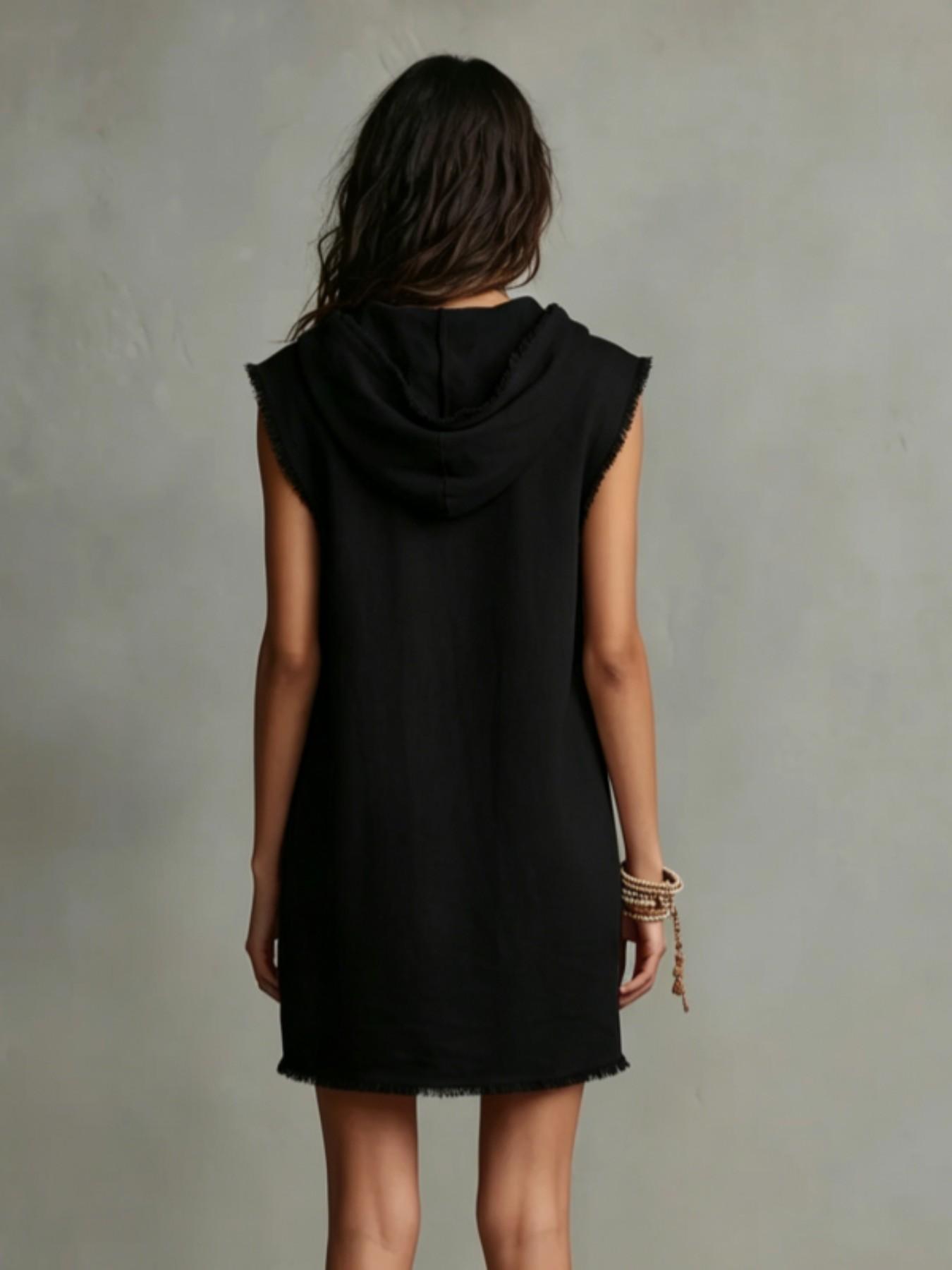 Minimalist Lightweight Linen Blend Sleeveless Dress with Hat, Summer V-Neck Frayed Edge Short Mini Dress, Women's Vacation