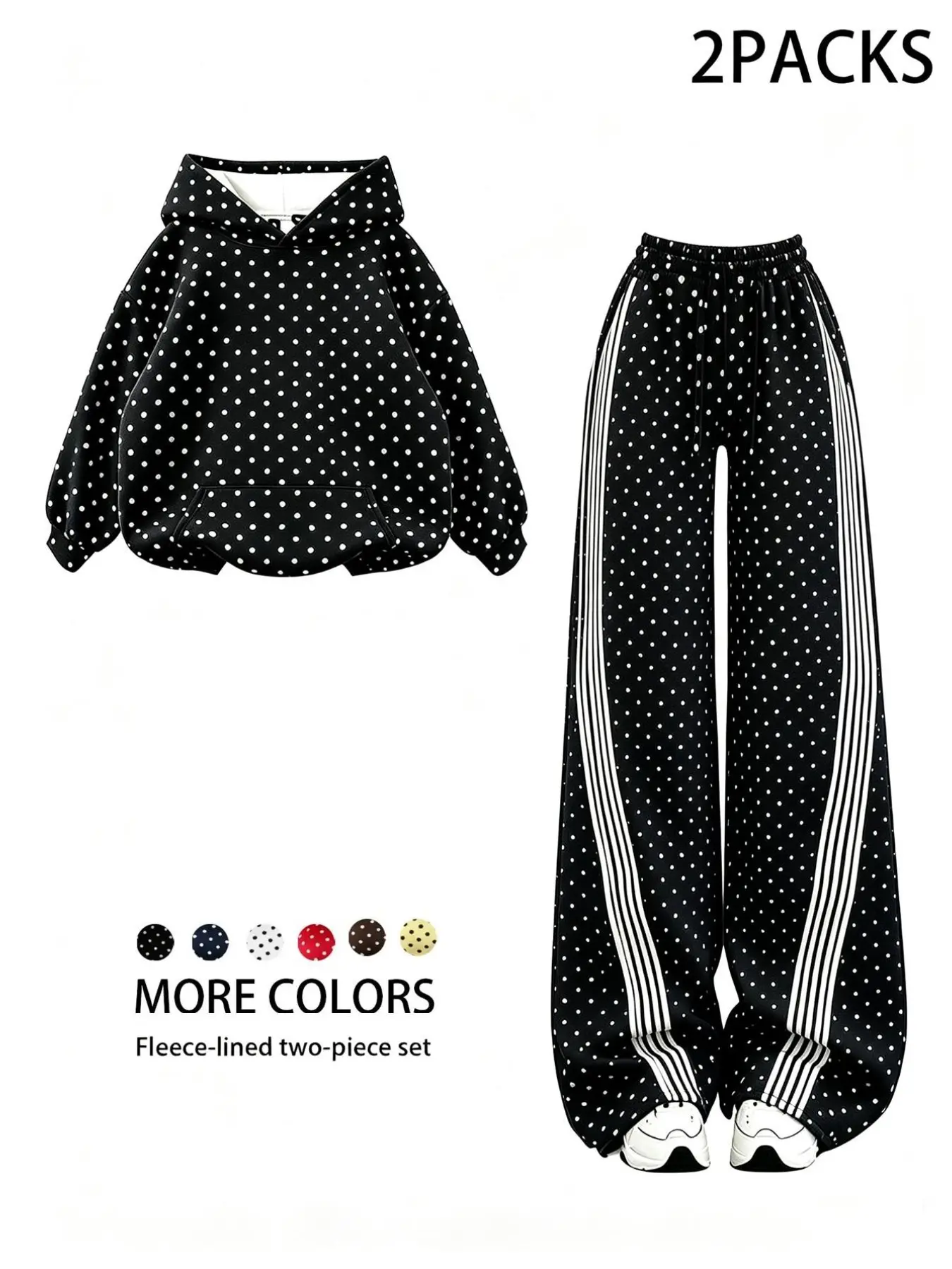 Y2K Vintage Sweet Cool Style, Unisex Full-Print Polka Dot Striped Wide-Leg Hoodie Sweatpants Set, Sporty Loose Fit, Fall & Winter Fashion